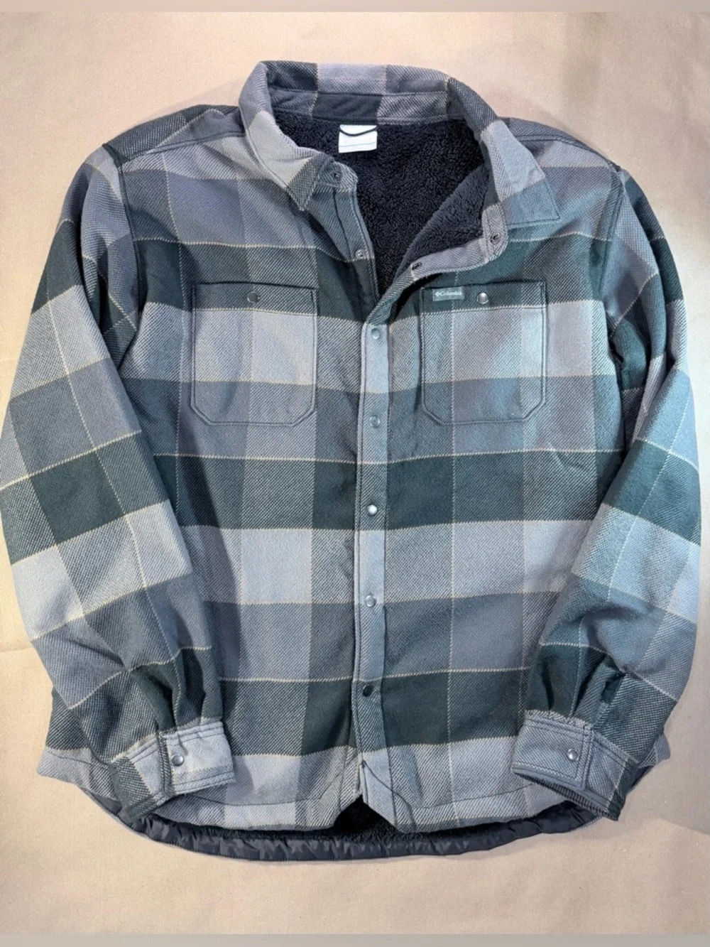 Columbia Fleece‑Lined Flannel Shirt Jacket Men’s XL – Gray/Green Plaid Shacket